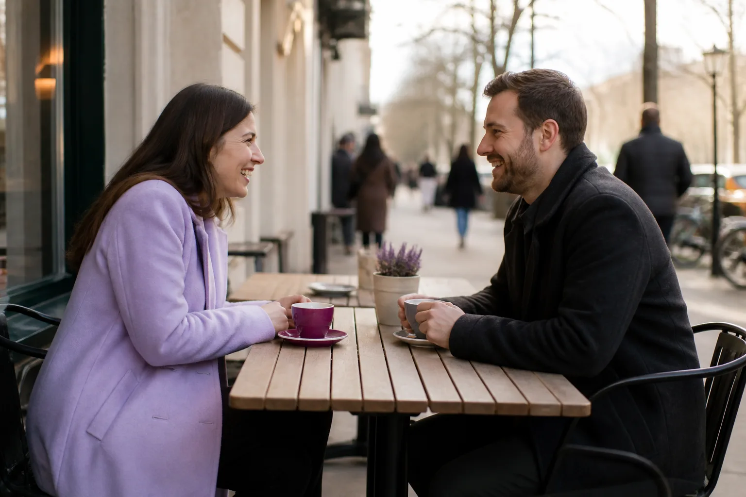 Two people enjoying a relaxed first date over coffee in Cheltenham
