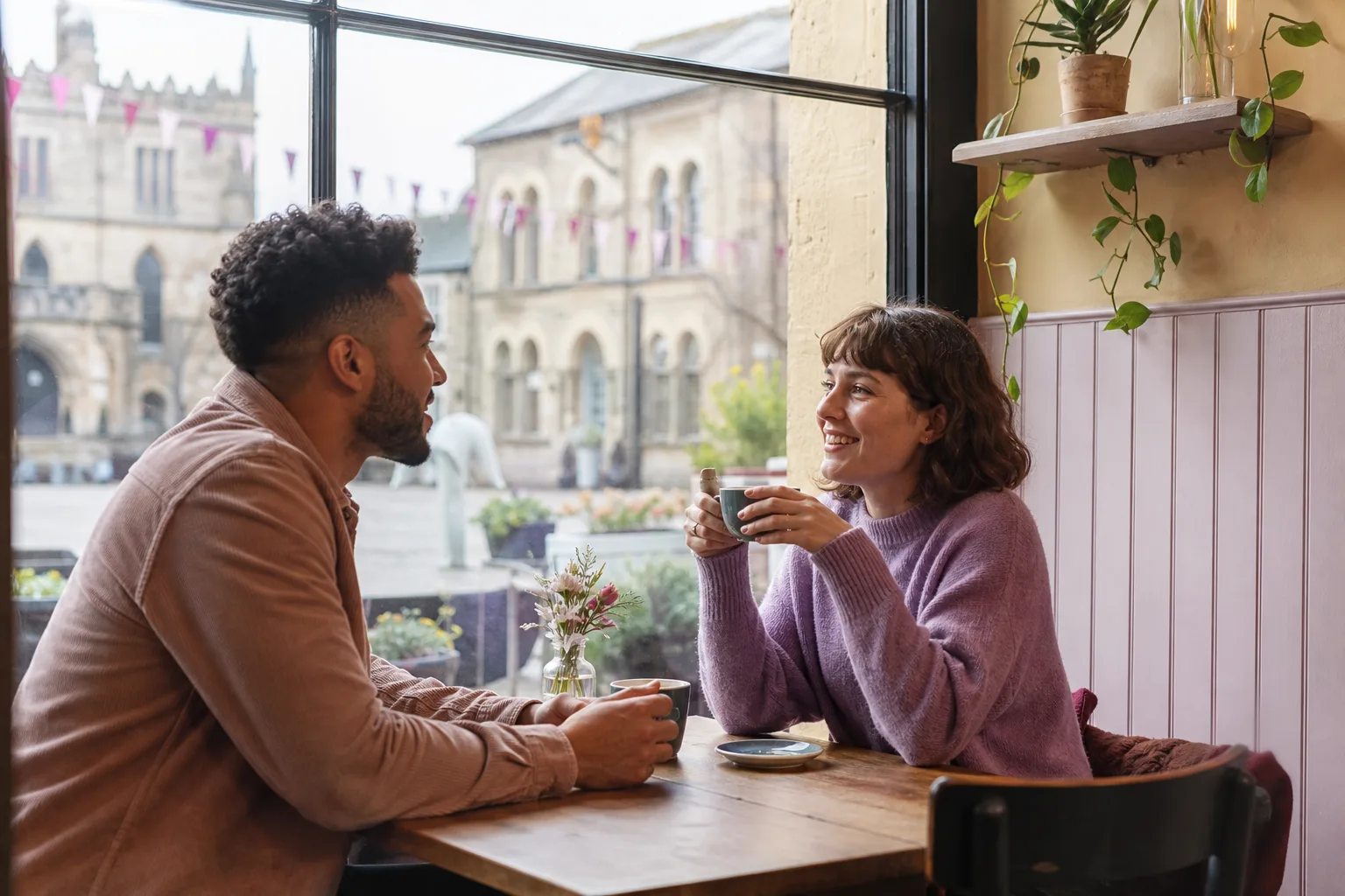 Two people enjoying a relaxed coffee date in Gloucestershire