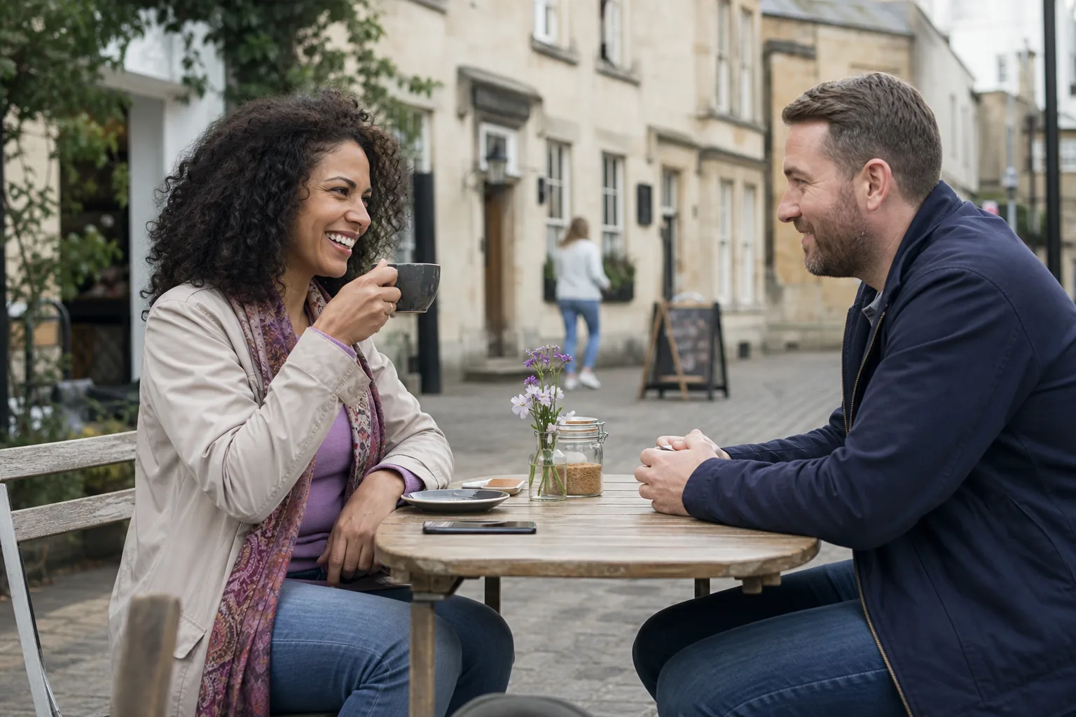 Two people meeting for coffee in a busy Gloucestershire town centre