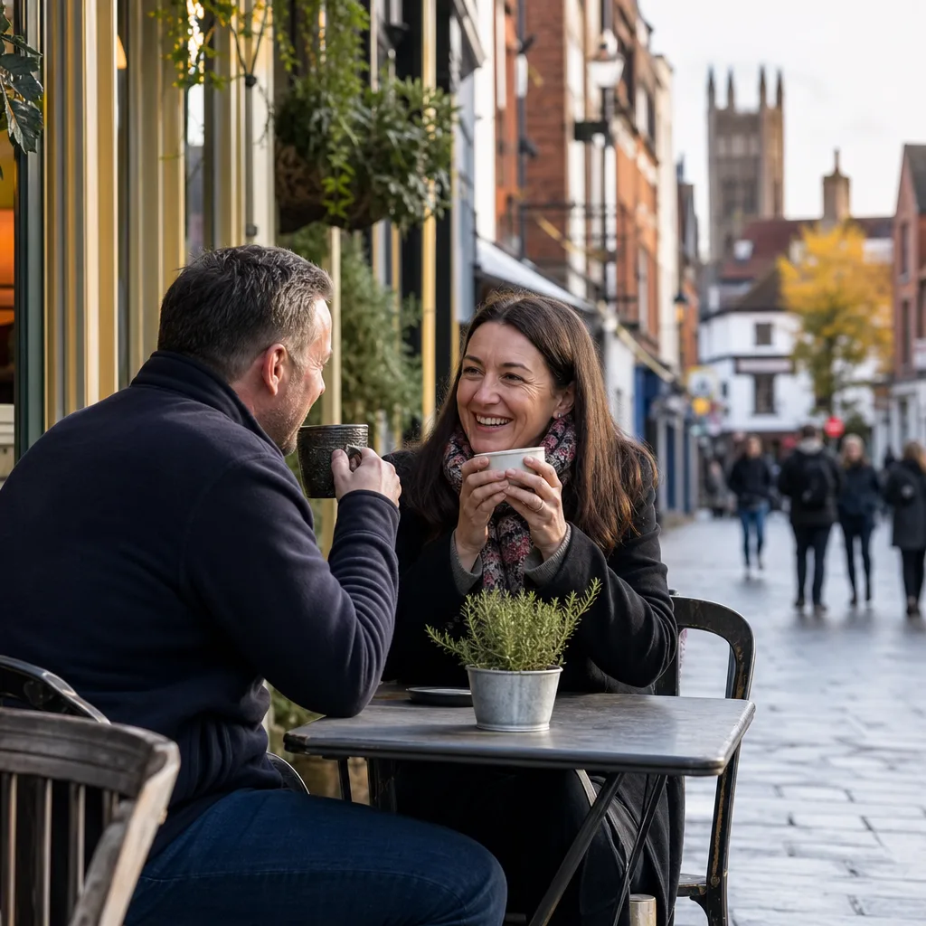 A person checking a dating profile on a phone near Gloucester Cathedral