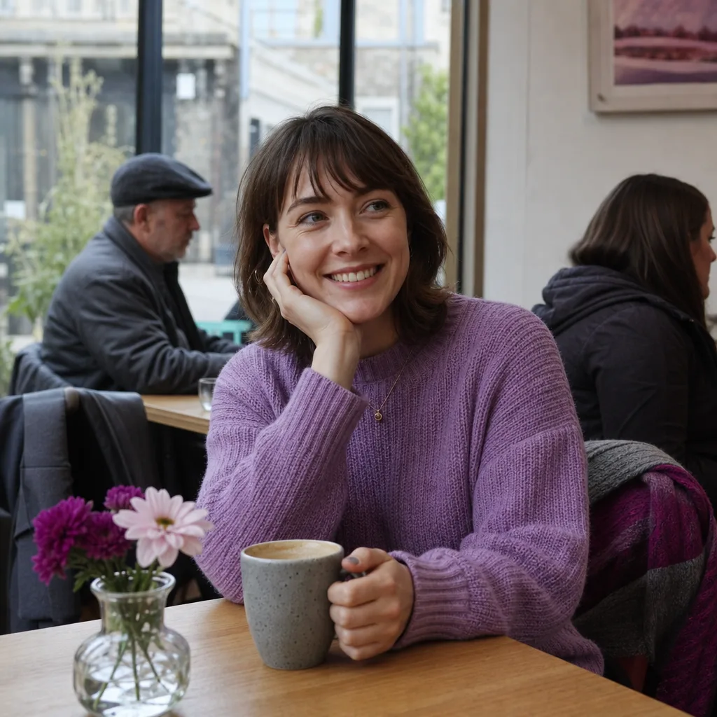 Woman writing a friendly and specific dating profile bio at home