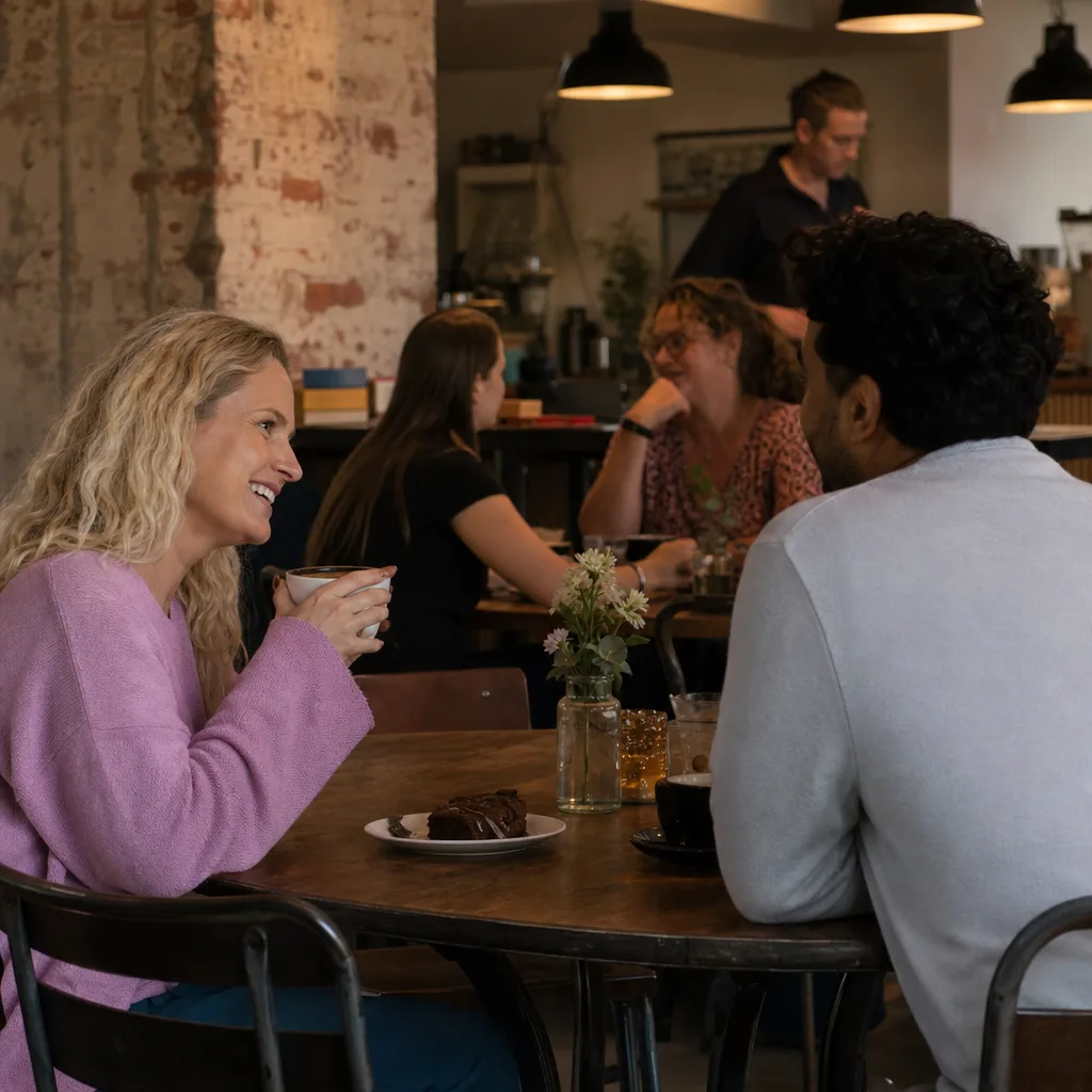 Two adults chatting at an outdoor cafe in Stroud town centre
