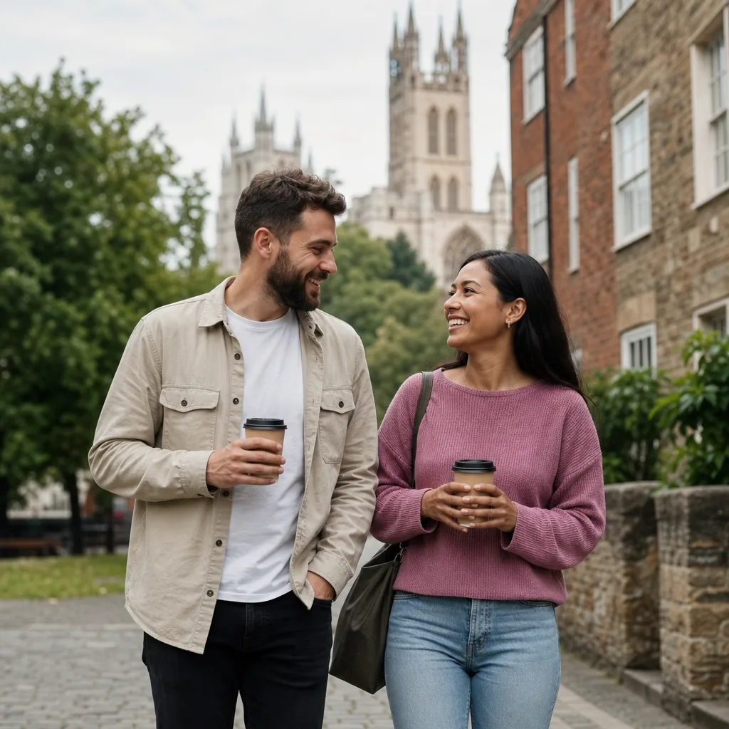 Two adults meeting in daylight at Gloucester Quays