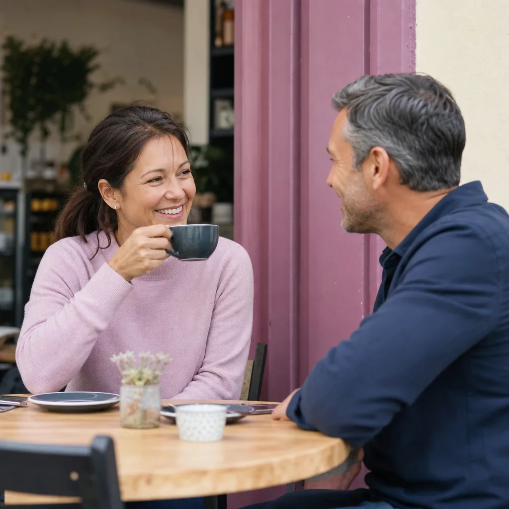 Two adults meeting in a busy public place in central Cheltenham